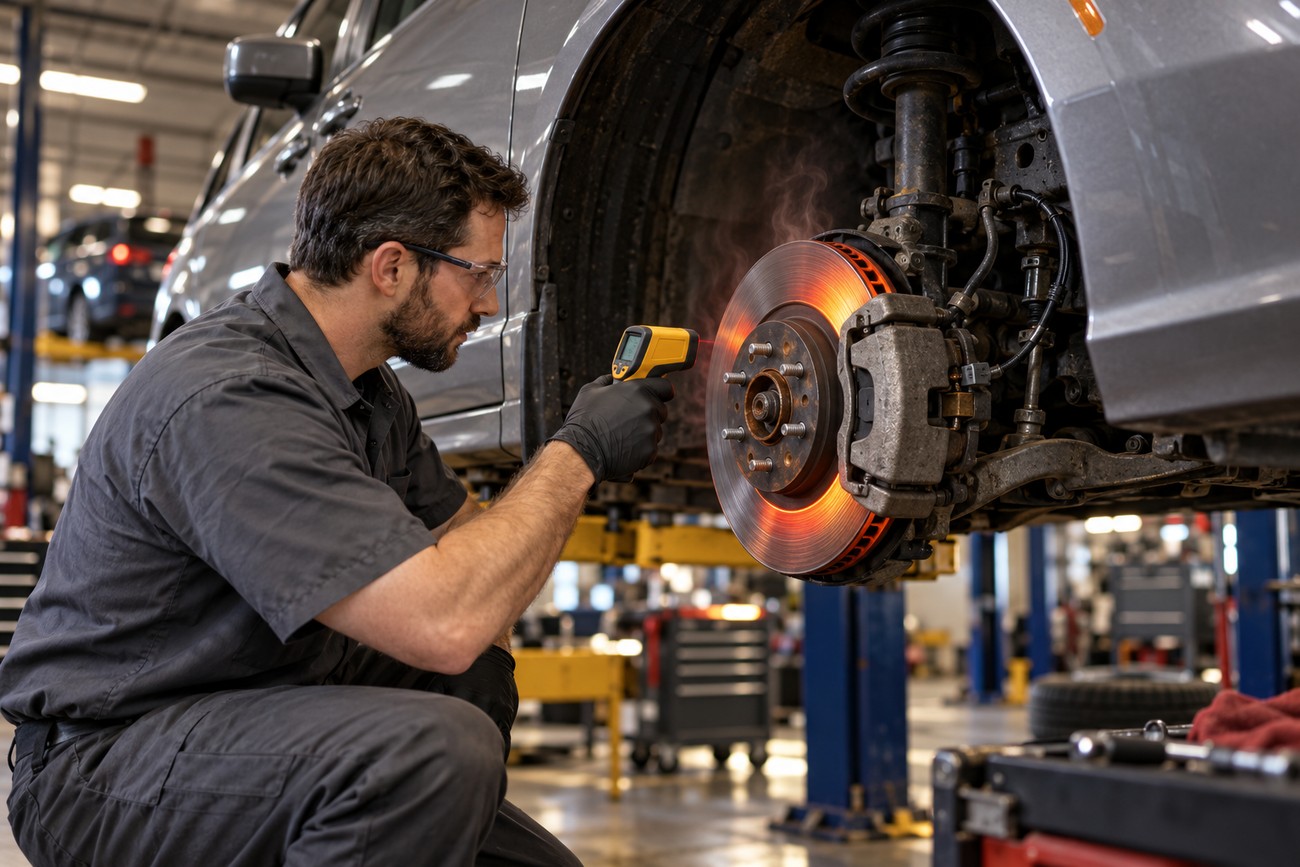 Mechanic in safety glasses checking the temperature of a glowing hot brake rotor on a lifted Honda Odyssey using an infrared thermometer