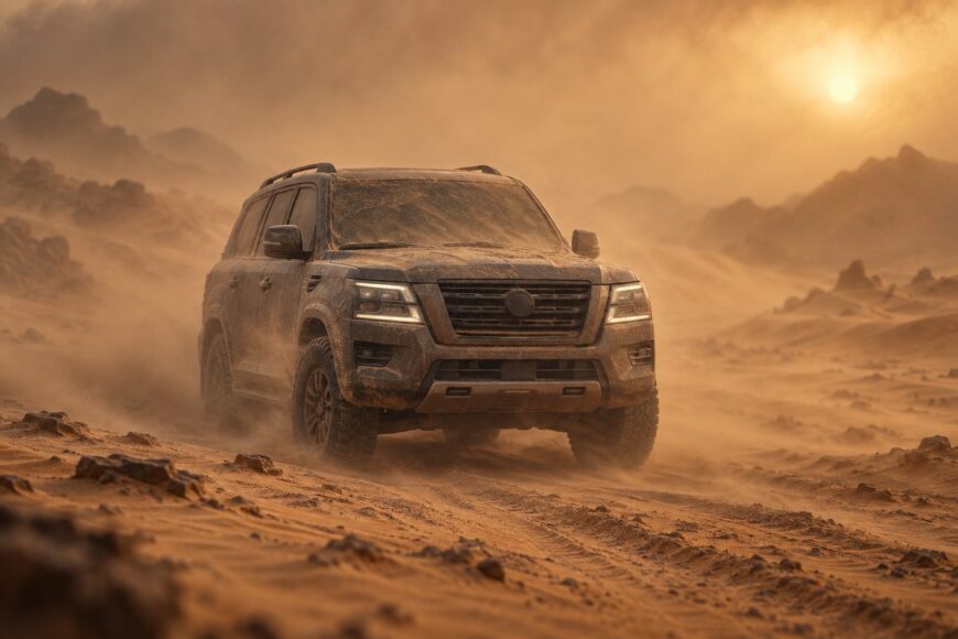 A dark Nissan Patrol driving through a heavy desert sandstorm with hazy sun and low visibility