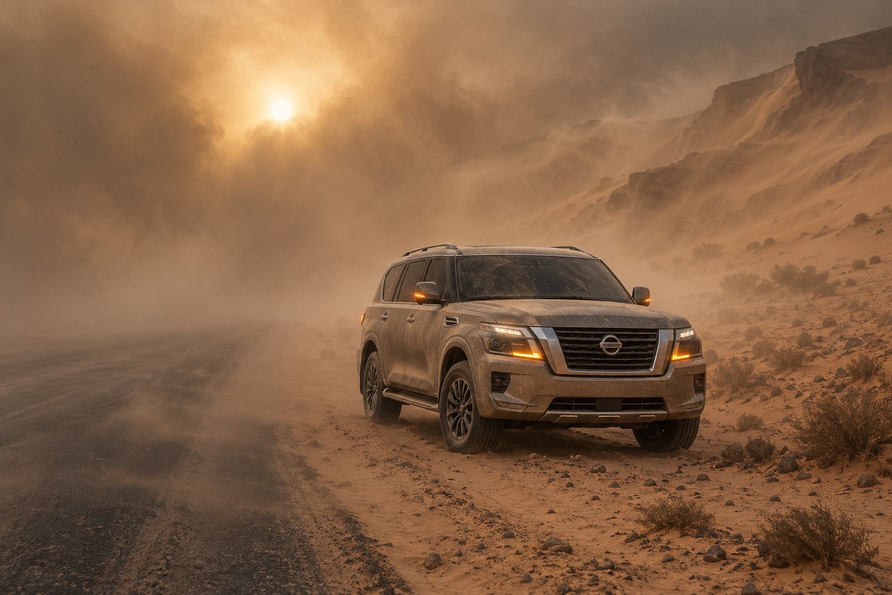 A modern Nissan Patrol SUV driving on a desert road during a heavy sandstorm with glowing headlights