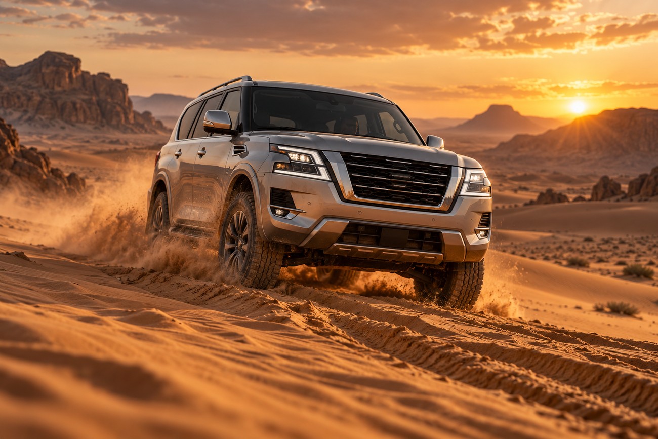 A silver Nissan Patrol driving through a desert landscape during a sandstorm at sunset