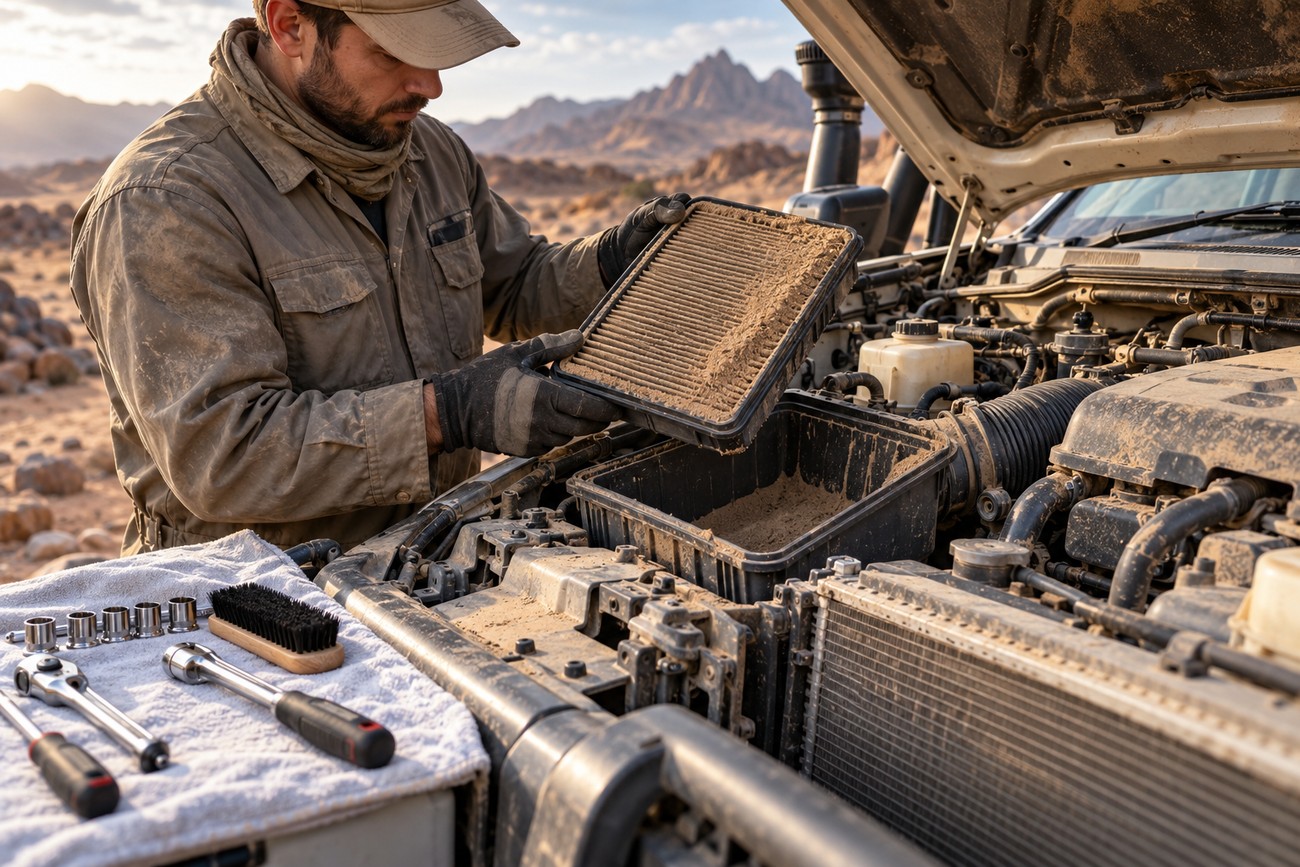 A man in outdoor clothing holds a heavily sand-filled air filter over the engine compartment of a Nissan Patrol in the desert