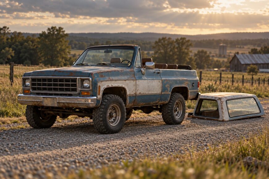 A vintage blue and white Chevrolet K5 Blazer convertible SUV parked on a dirt road with its removable hardtop lying nearby