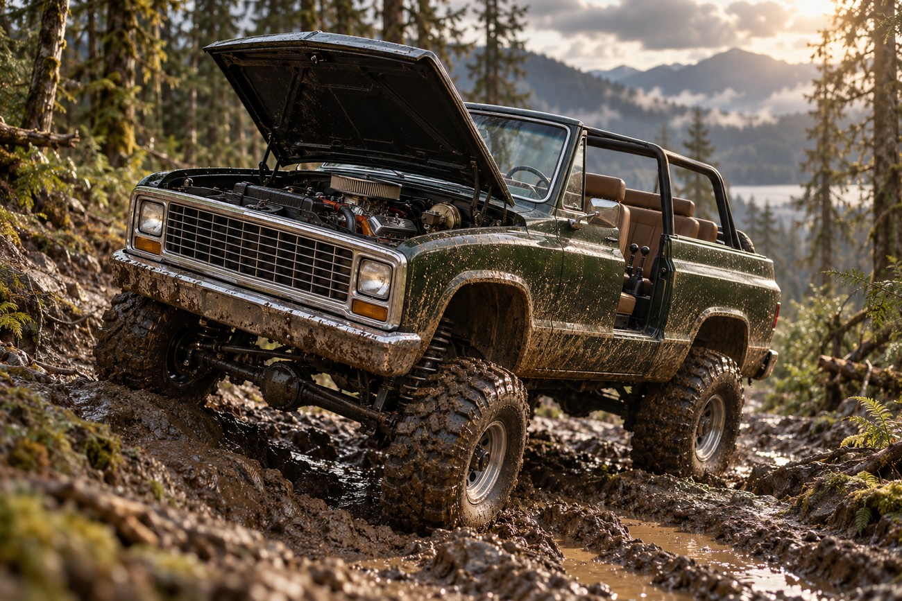 Classic dark green Chevrolet K5 Blazer convertible with open hood parked on a muddy mountain off-road trail
