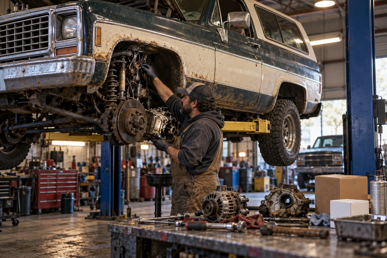 Mechanic in overalls repairing the suspension of a classic Chevrolet K5 Blazer lifted on a hoist in a garage