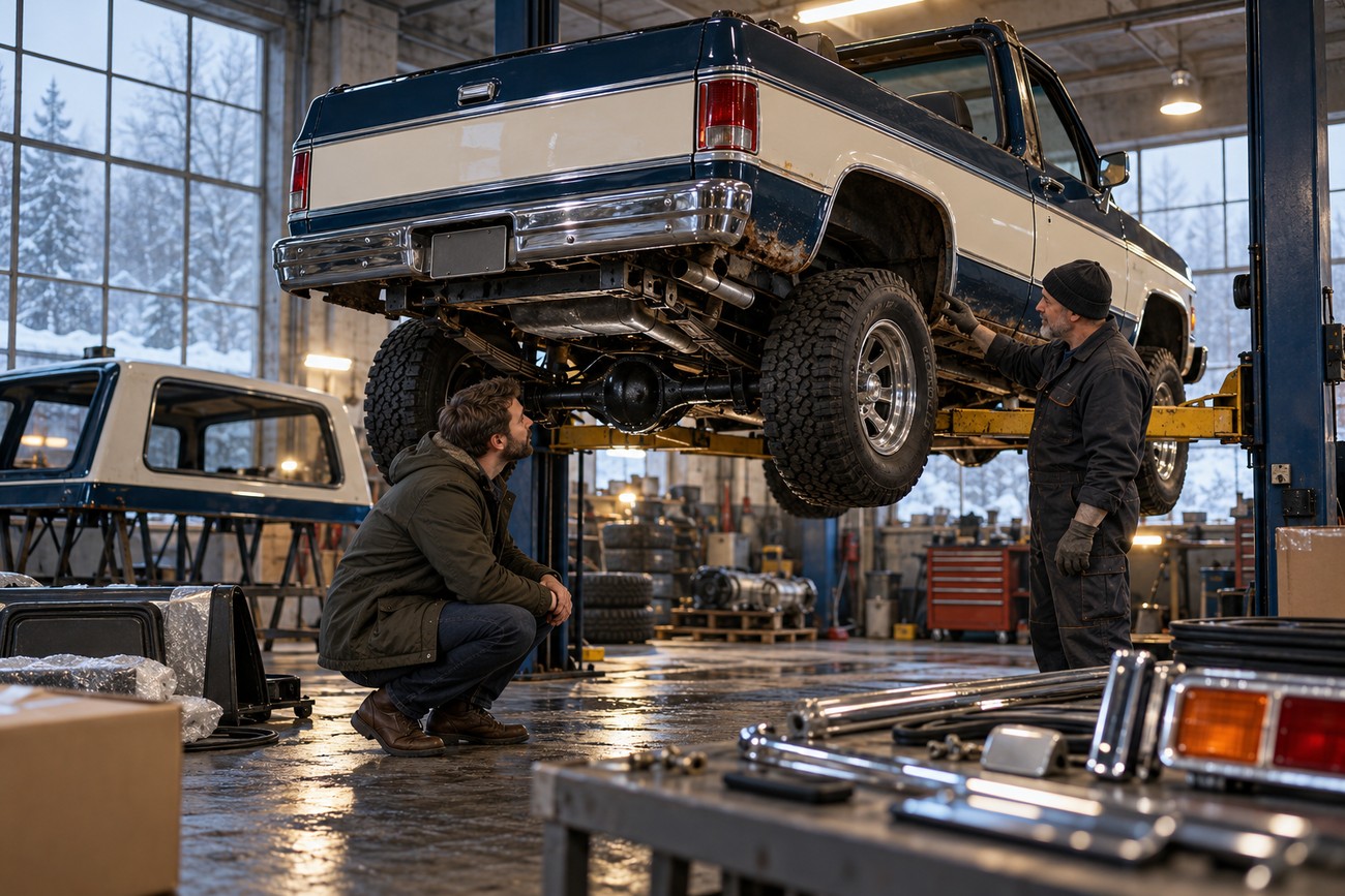 A mechanic pointing at the chassis of a classic Chevrolet K5 Blazer lifted on a hoist while a customer looks on