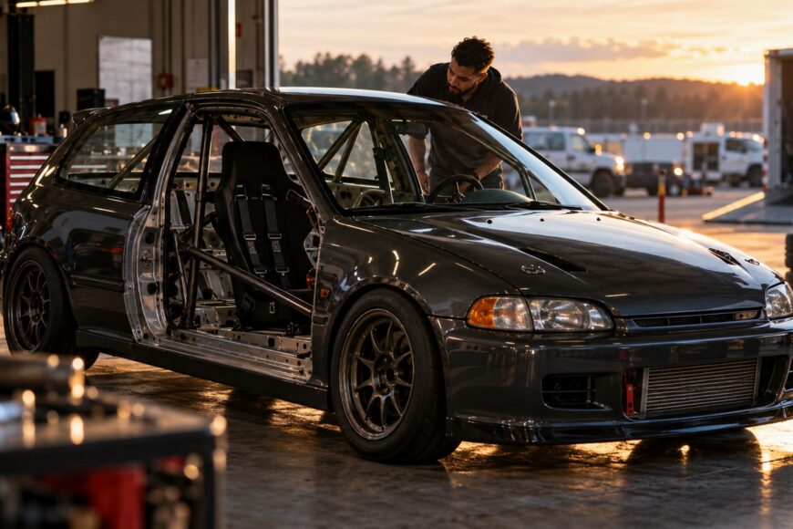 A driver checking the stripped interior and roll cage of a track-prepped Honda Civic in a garage