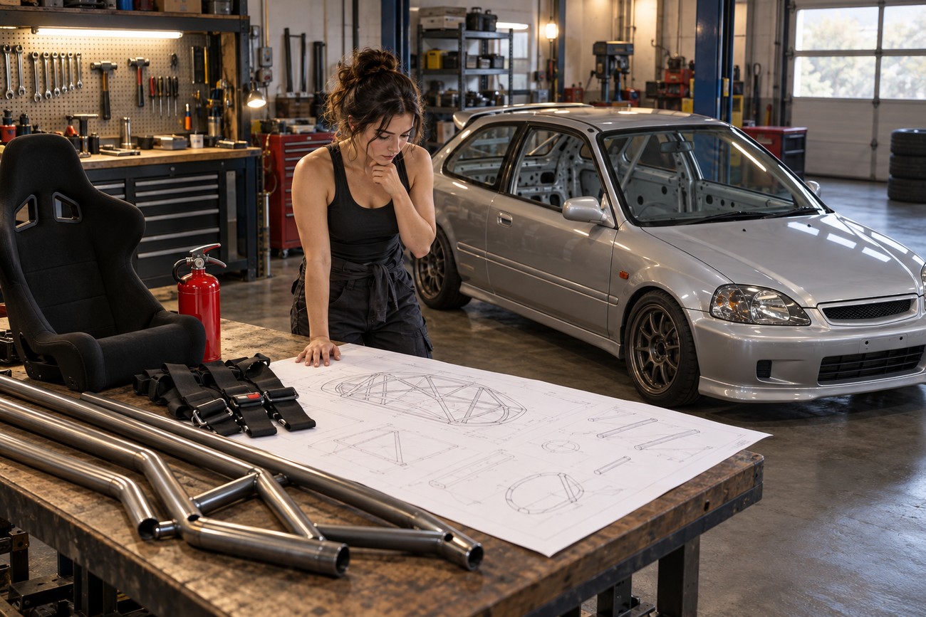 Female mechanic looking at a roll cage blueprint in a garage with a stripped Honda Civic track car