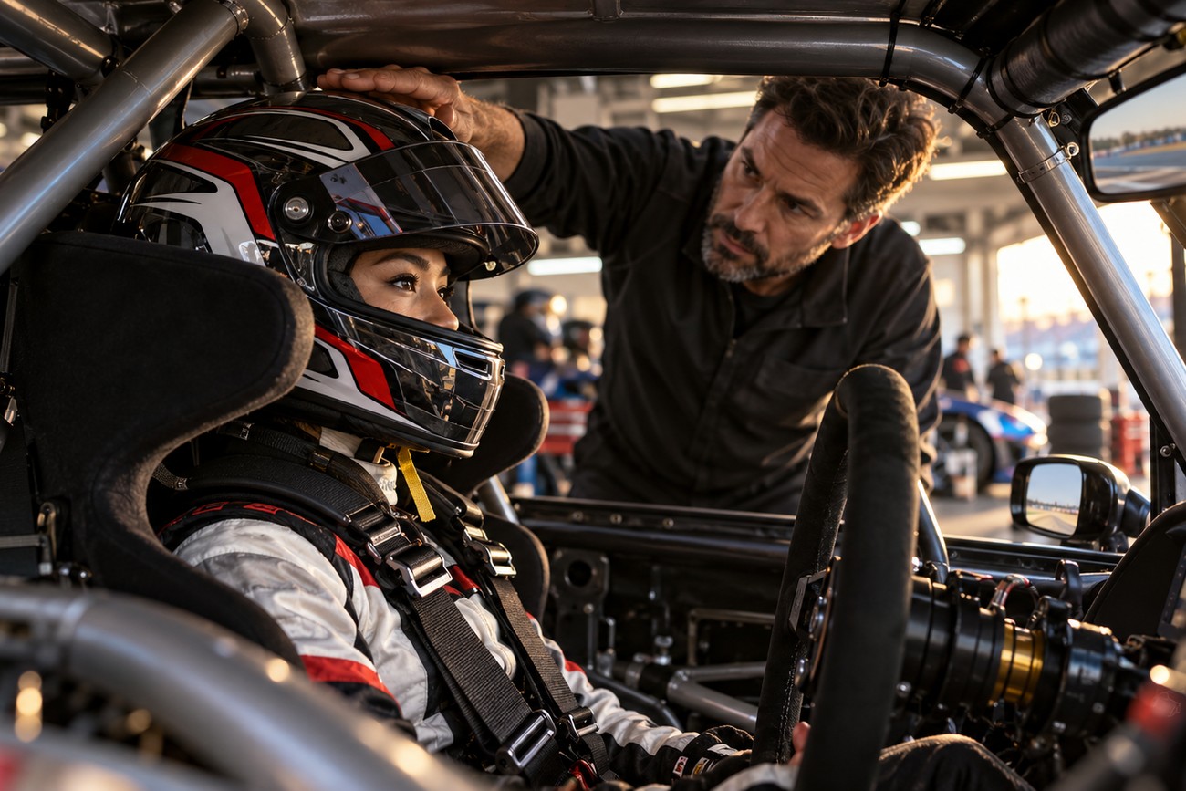 A female driver in a racing helmet sitting inside the stripped interior of a track car while a mechanic checks her setup