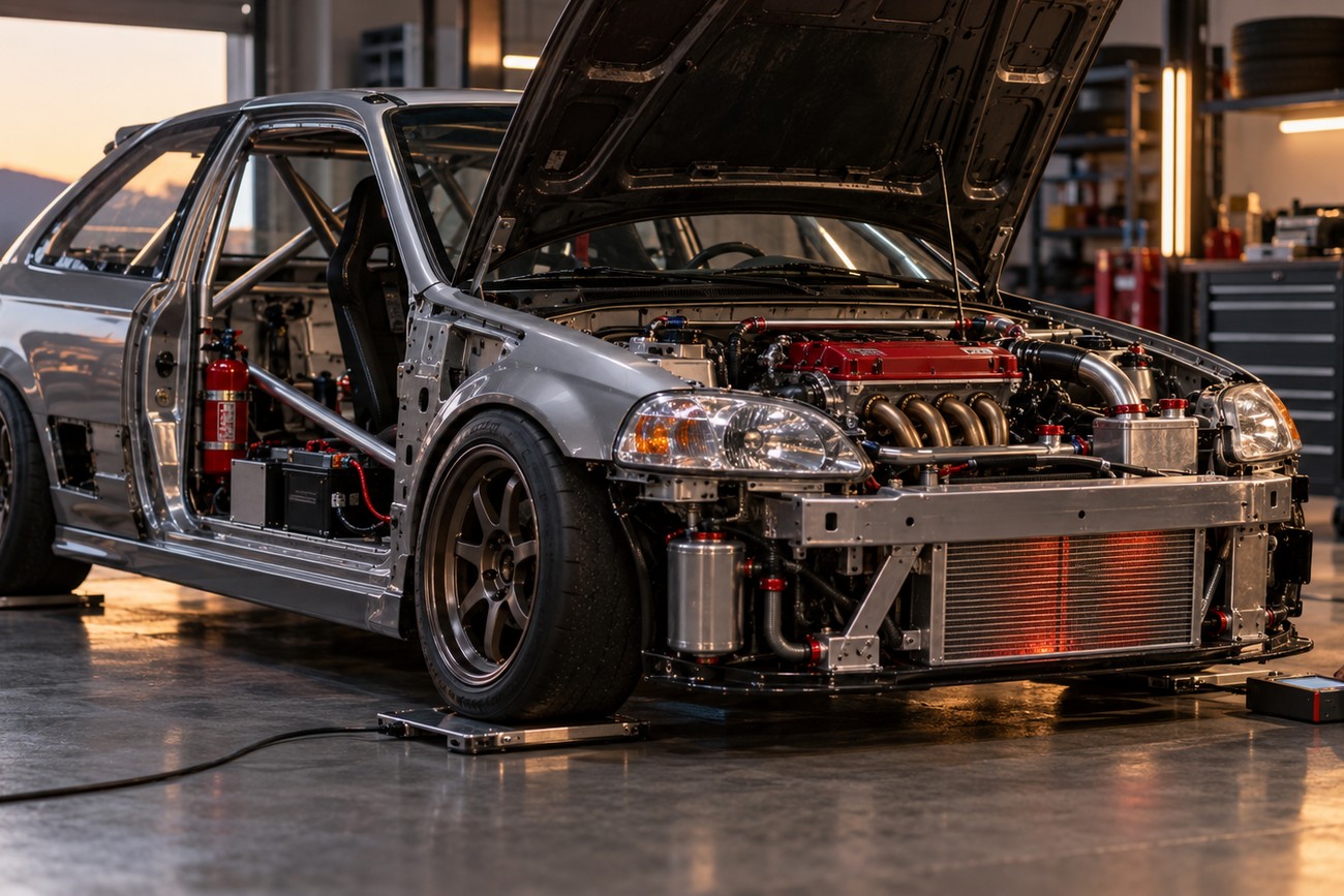 Silver stripped Honda Civic track car with an open hood and full roll cage parked inside a workshop