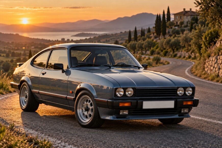 Classic grey Ford Capri 2.8i parked on a winding scenic road during a warm sunset