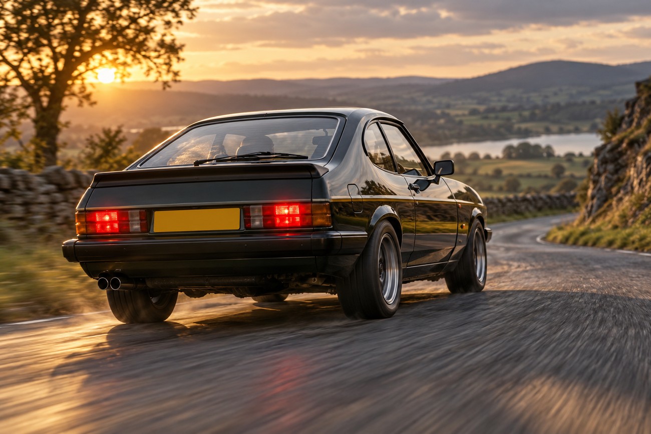 A classic black Ford Capri 2.8i driving fast on a winding country road during sunset