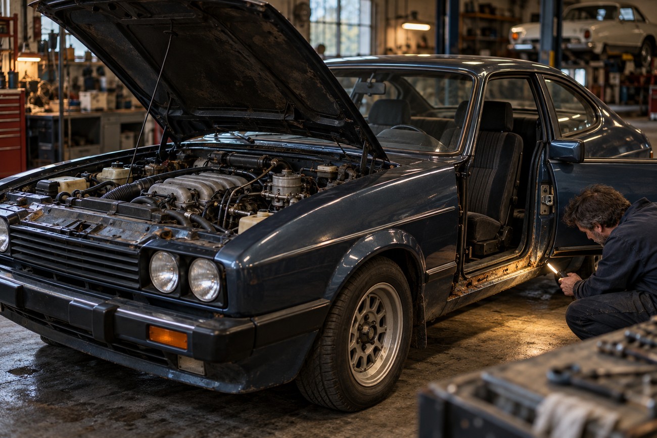 A mechanic with a flashlight inspecting the rusty door sill of a classic dark blue Ford Capri 2.8i with its hood open in a repair shop