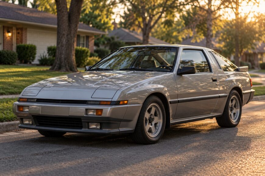 Silver Mitsubishi Starion turbo coupe parked on a suburban street during golden hour