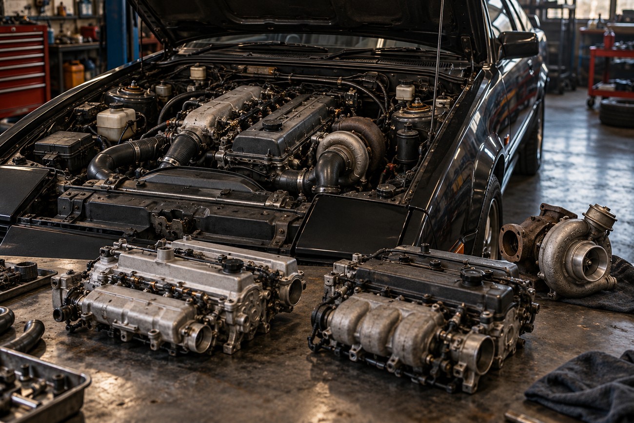 Open hood of a classic Mitsubishi Starion sports car revealing its turbocharged engine in a garage with spare parts on a workbench