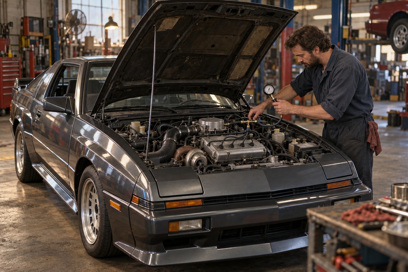 Mechanic in overalls checks the turbocharged engine with a pressure gauge under the open hood of a gray Mitsubishi Starion coupe in an auto repair shop