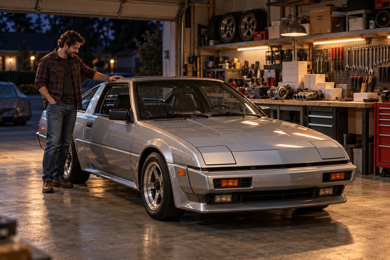 A man in a plaid shirt leaning against a silver classic Mitsubishi Starion turbo coupe in a garage with tools on the wall