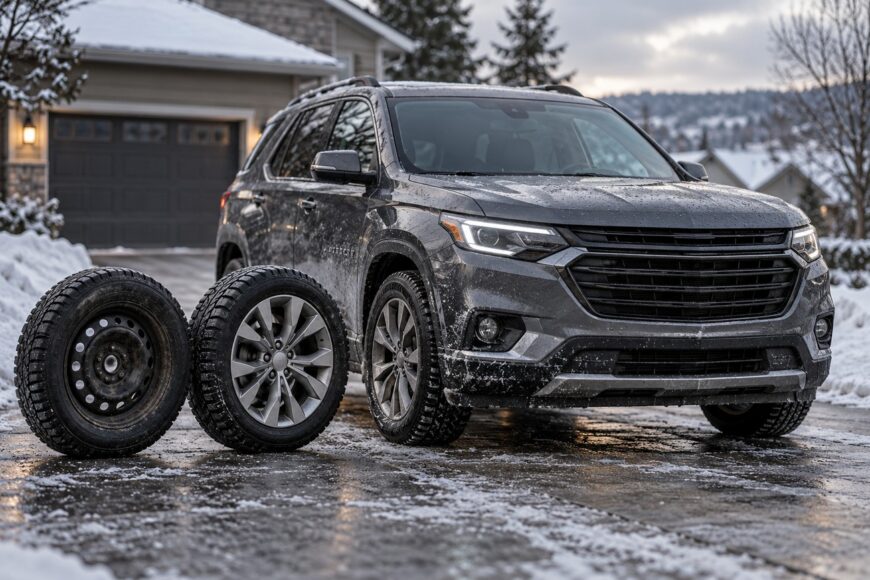 A dark grey SUV parked on a snowy driveway with a steel wheel and an alloy wheel standing in the foreground