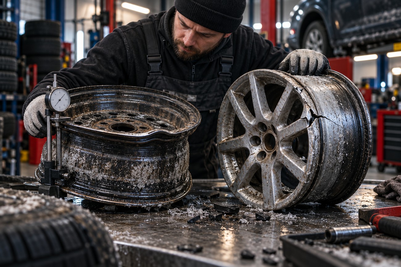Mechanic inspecting a bent steel wheel and a cracked alloy wheel with winter ice in a service shop