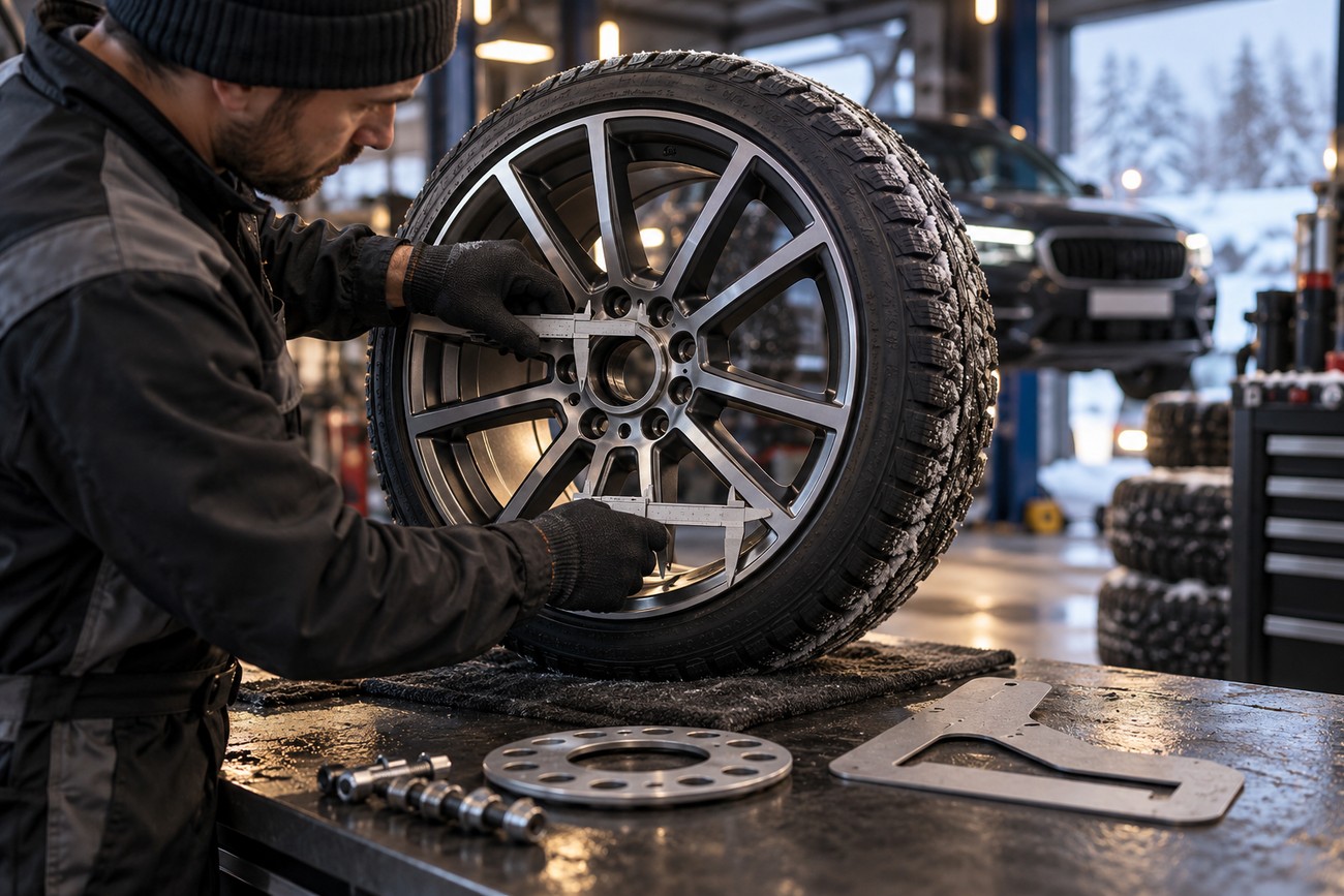 Mechanic in dark workwear measuring an alloy wheel with a caliper in a car repair shop