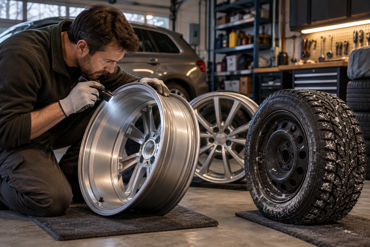 Mechanic kneeling in a garage inspecting an alloy wheel with a flashlight next to a winter tire on a steel wheel