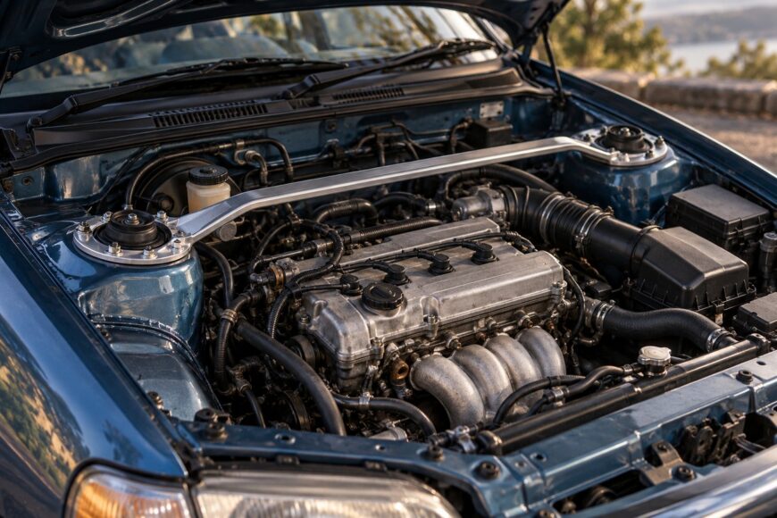 Silver metal strut tower brace mounted across the engine bay of a blue car between the suspension towers