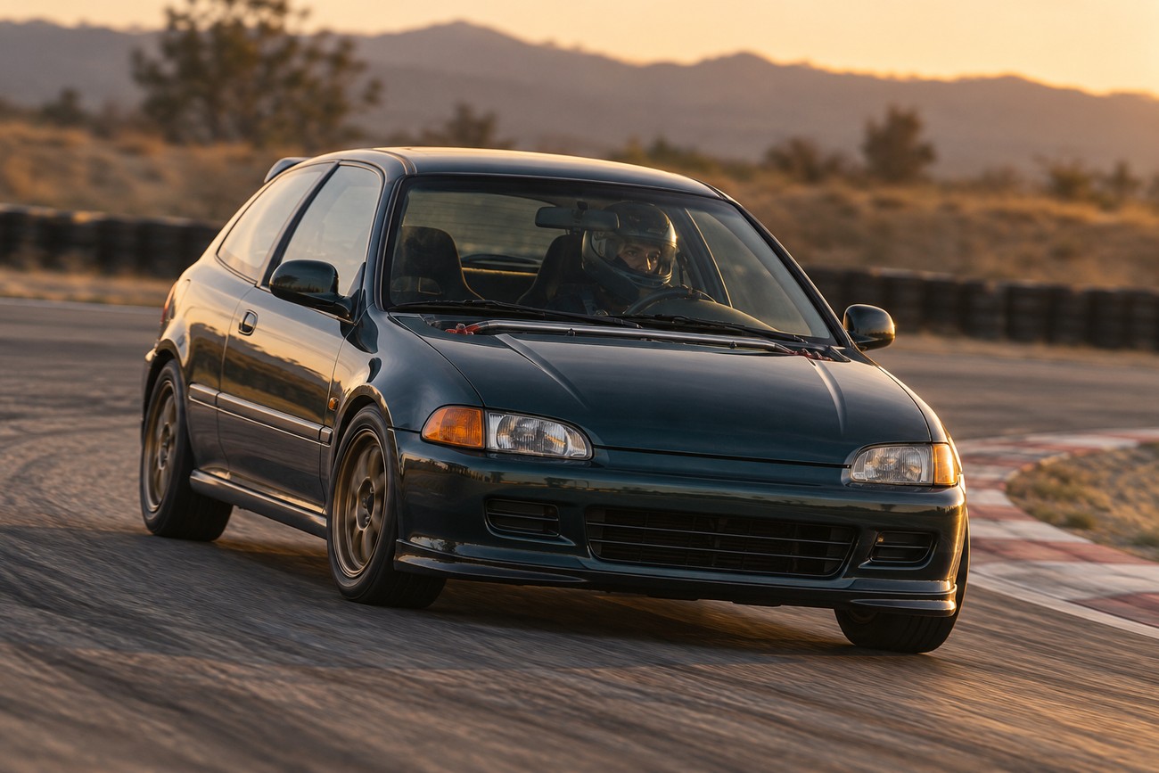 A dark green tuned hatchback cornering sharply on a racetrack during sunset with a driver wearing a helmet