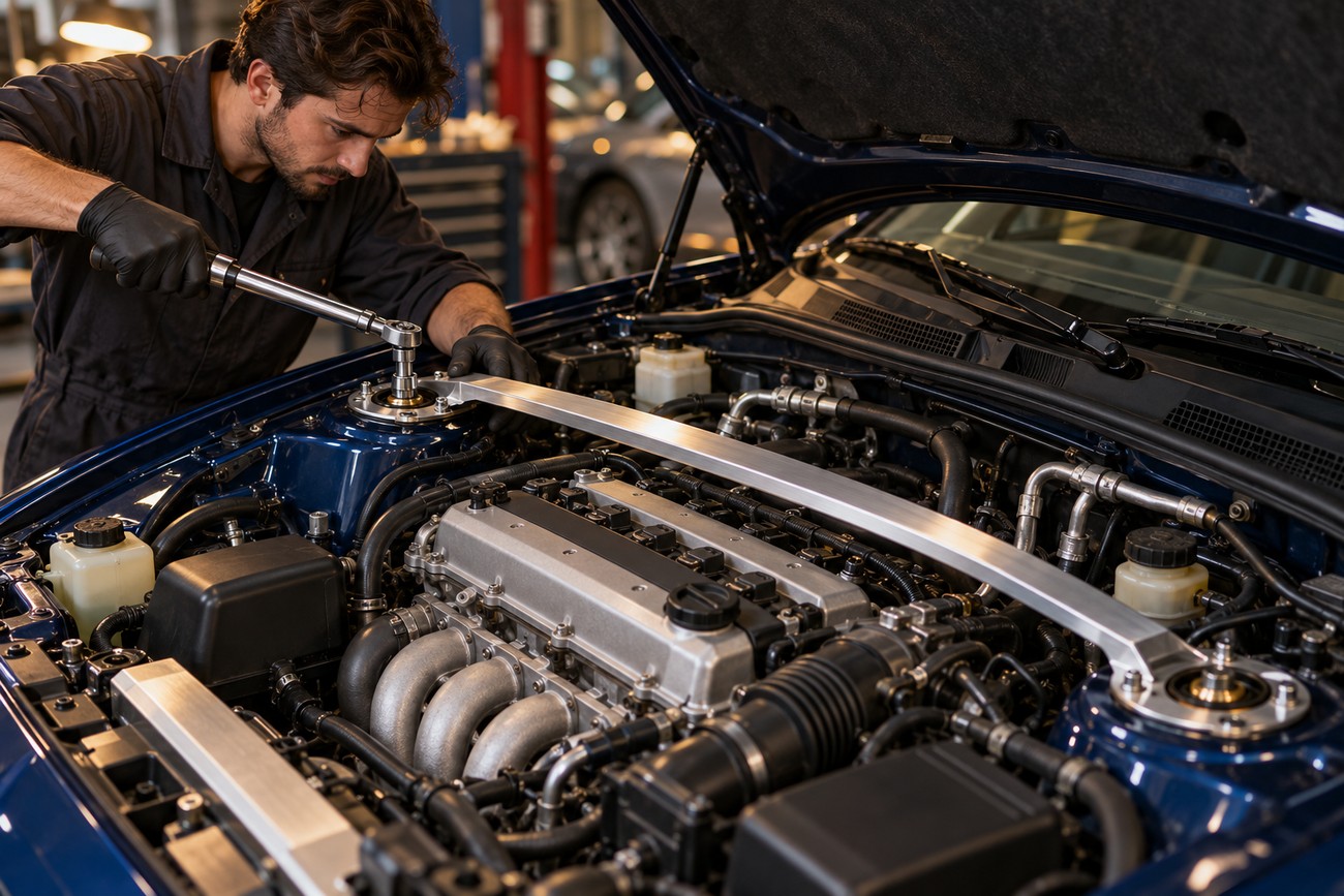 A mechanic wearing gloves uses a torque wrench to tighten a bolt on an aluminum strut tower brace installed across the engine bay of a blue car