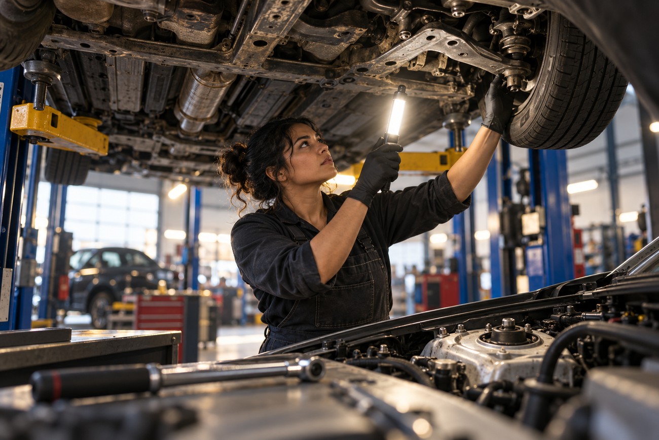 Female mechanic inspecting the front suspension and strut tower area of a lifted car in a workshop