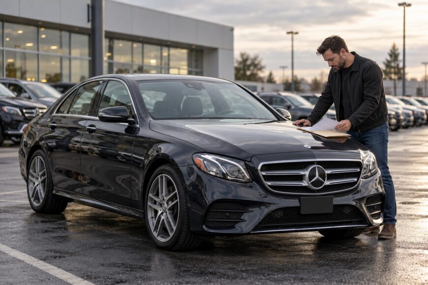 A man in a dark jacket examining papers on the hood of a black Mercedes-Benz E-Class at an outdoor dealership