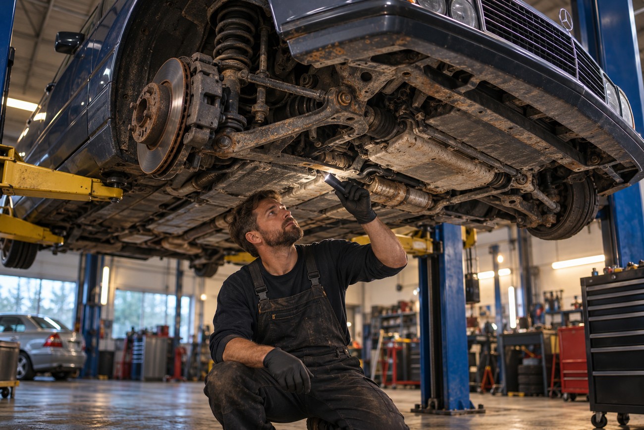 A mechanic wearing overalls and gloves kneels under a lifted Mercedes E-Class inspecting the undercarriage with a flashlight
