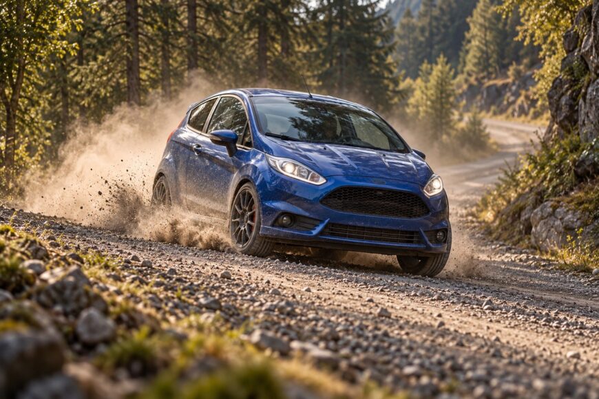 Blue Ford Fiesta ST drifting and kicking up dust and gravel on a winding mountain rally stage