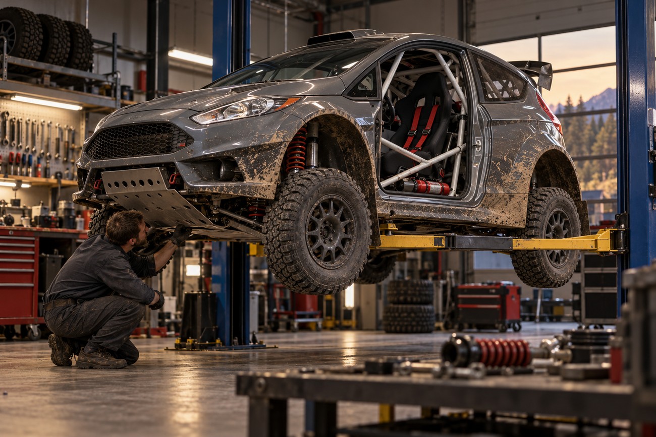 A mechanic crouching on the workshop floor examining the skid plate of a muddy Ford Fiesta ST rally car raised on a hydraulic lift