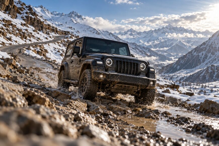 A black Mahindra Thar off-road vehicle driving through rocky terrain with snow-capped mountains in the background