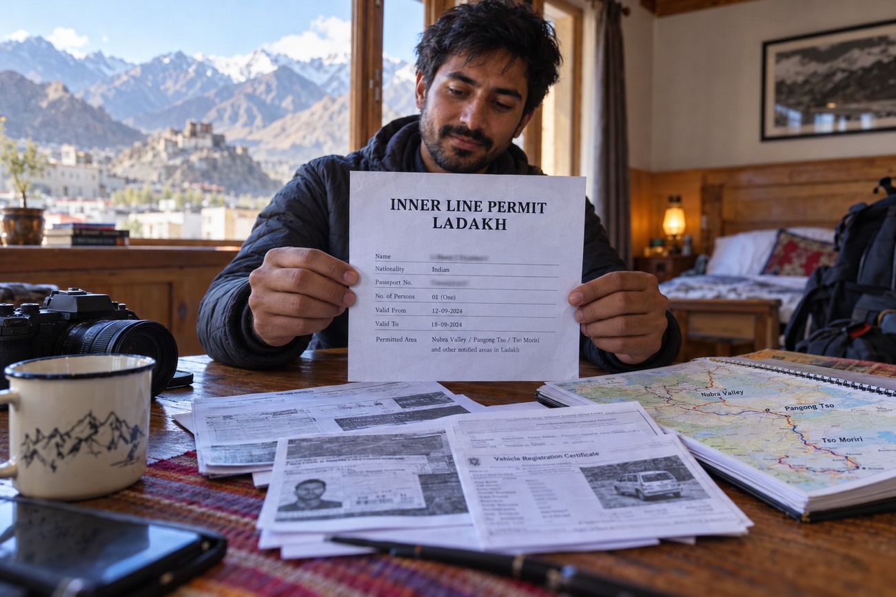 A traveler holds an Inner Line Permit for Ladakh at a desk surrounded by maps and travel documents