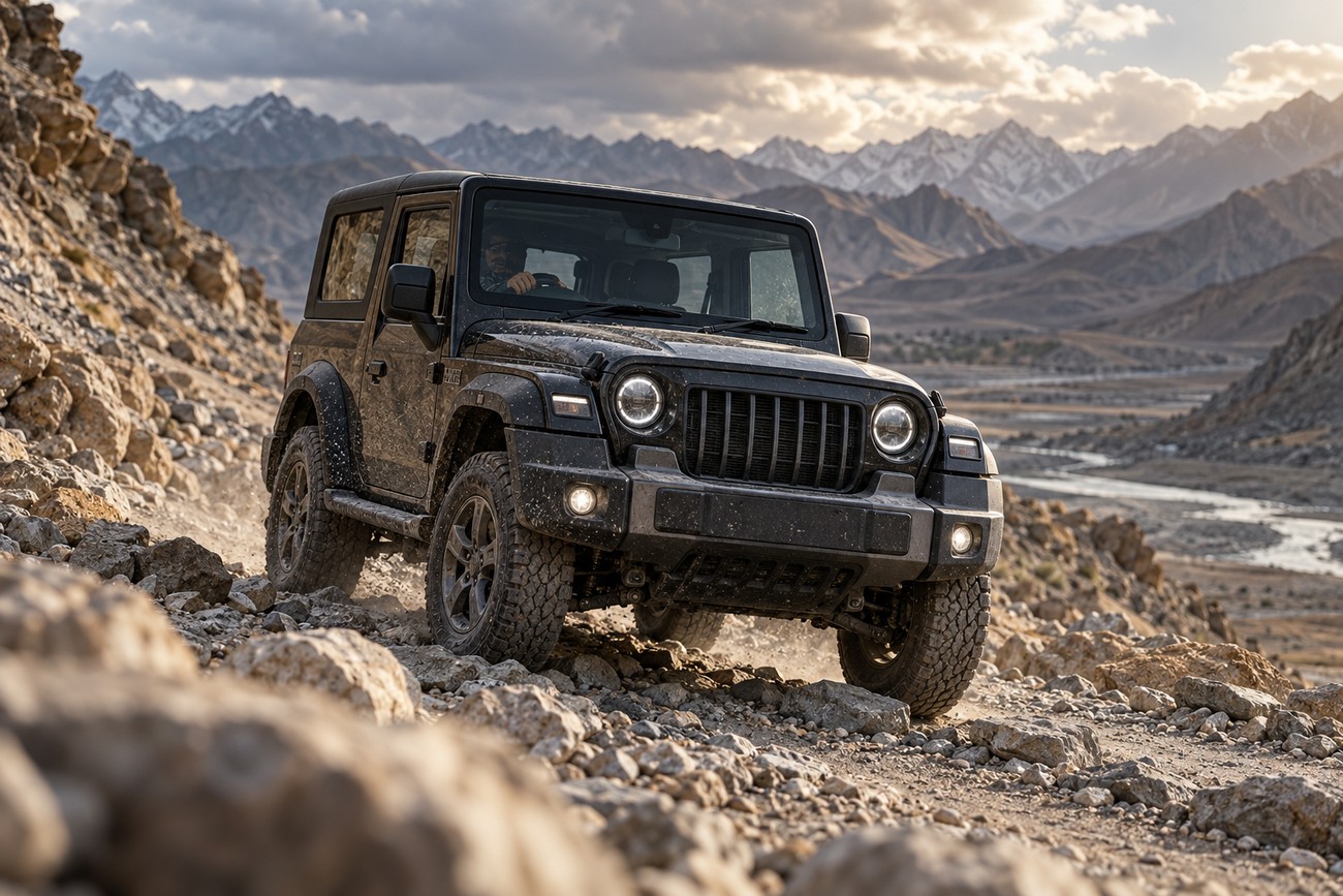 A black Mahindra Thar driving on a rugged rocky mountain trail with snow-capped peaks in the background