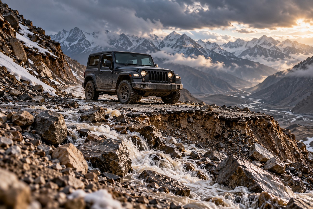 A dark Mahindra Thar off-road vehicle parked on a rocky mountain road next to a rushing stream with snow-capped peaks in the background