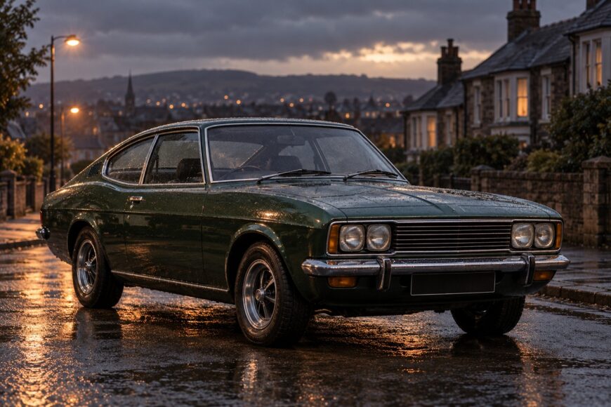 Classic green Ford Granada Coupe parked on a wet residential street during twilight with glowing streetlights