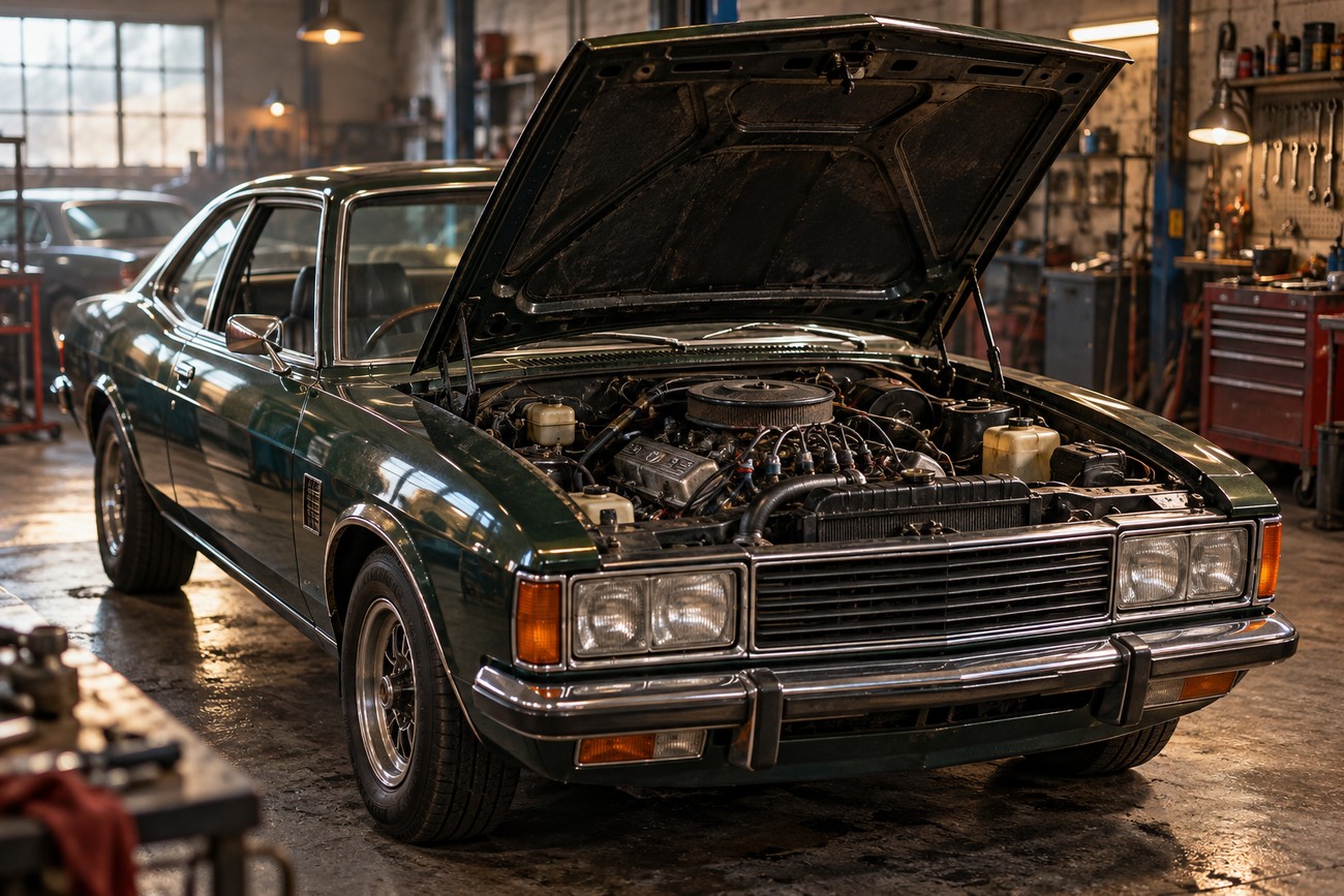 Classic dark green Ford Granada Coupe with open hood parked inside a rustic repair workshop