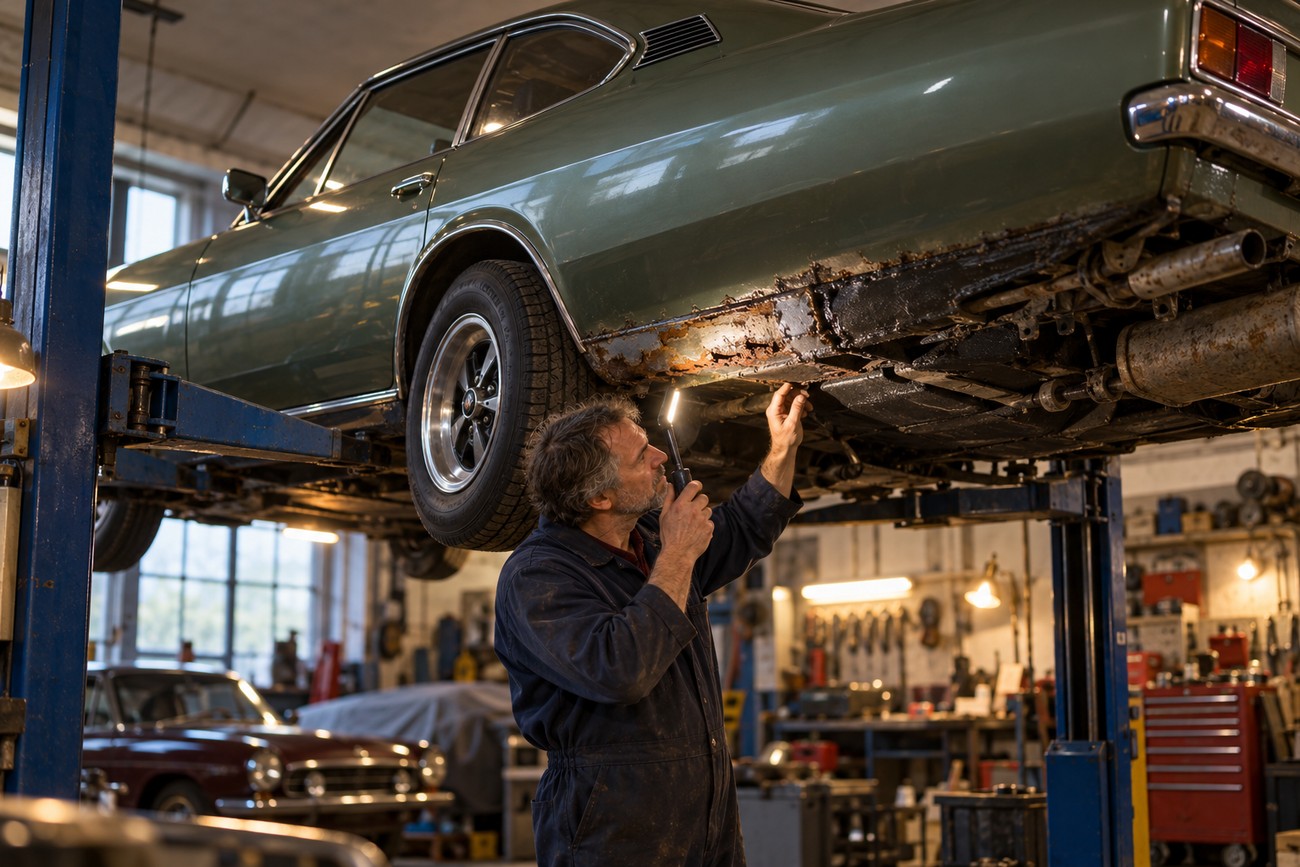 A mechanic in a workshop uses a handheld light to inspect rust on the undercarriage of a classic green Ford Granada Coupe lifted on a hydraulic hoist