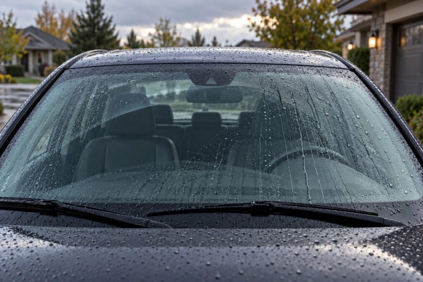A car windshield covered with raindrops and streaks viewed from the outside with wiper blades at the bottom