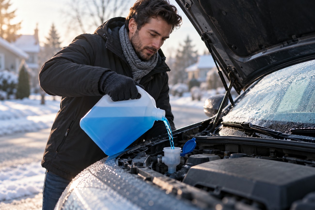 A man wearing a winter jacket pouring blue windshield washer fluid into the car reservoir outdoors