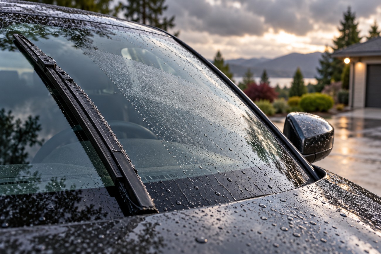 Close-up of a clean car windshield covered in raindrops with a windshield wiper resting on the glass