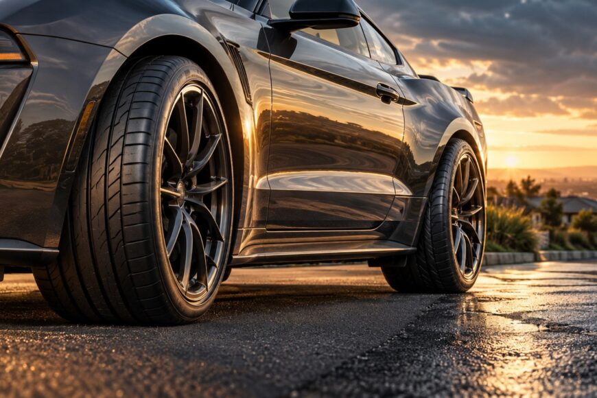 A close-up side view of a dark sports car parked on wet asphalt with high-performance tires during a sunset