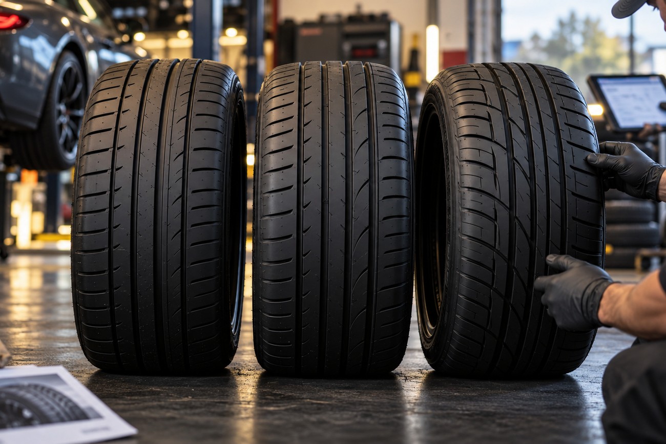 A mechanic in gloves inspects three high-performance summer tires lined up in a workshop