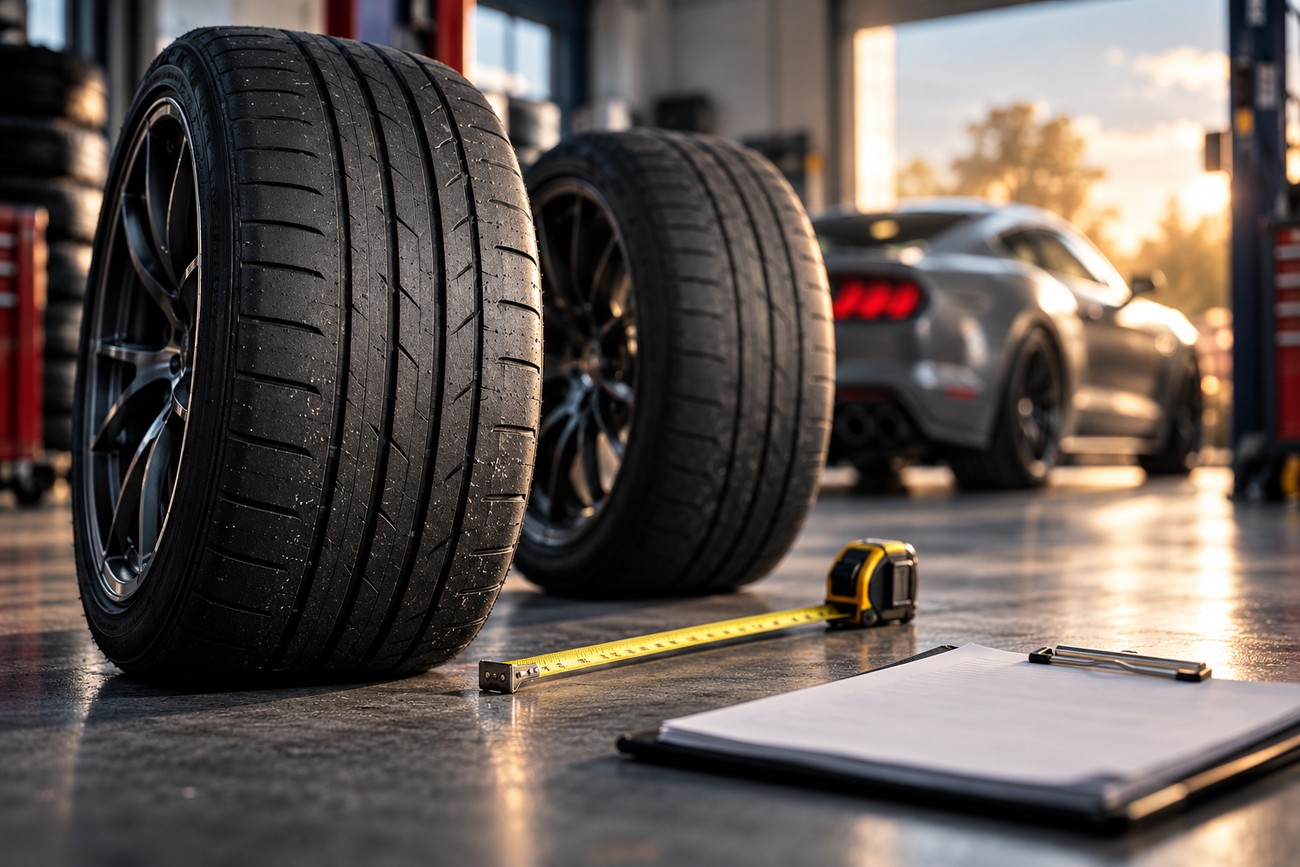 Two high performance tires standing on a workshop floor with a measuring tape and clipboard in the foreground and a sports car behind