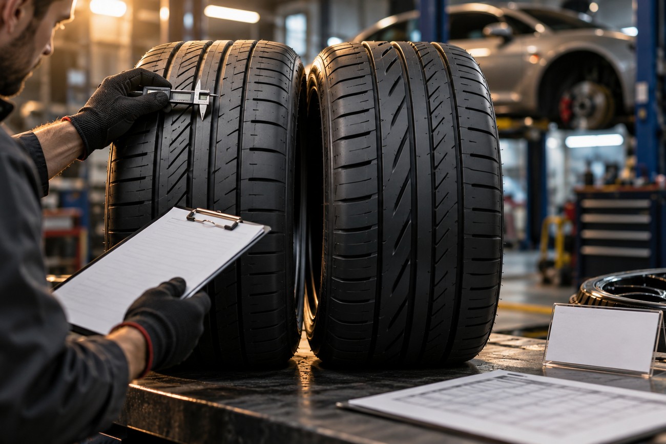 A mechanic in gloves measures the tread depth of a high-performance tire with a digital caliper in a workshop
