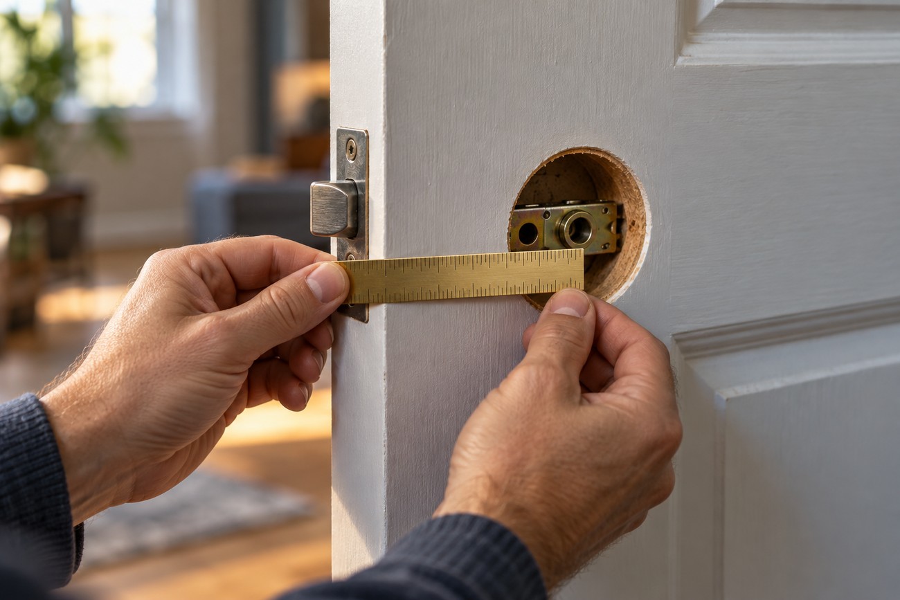 Person measuring the distance from the edge of a white door to the center of the latch hole using a brass ruler