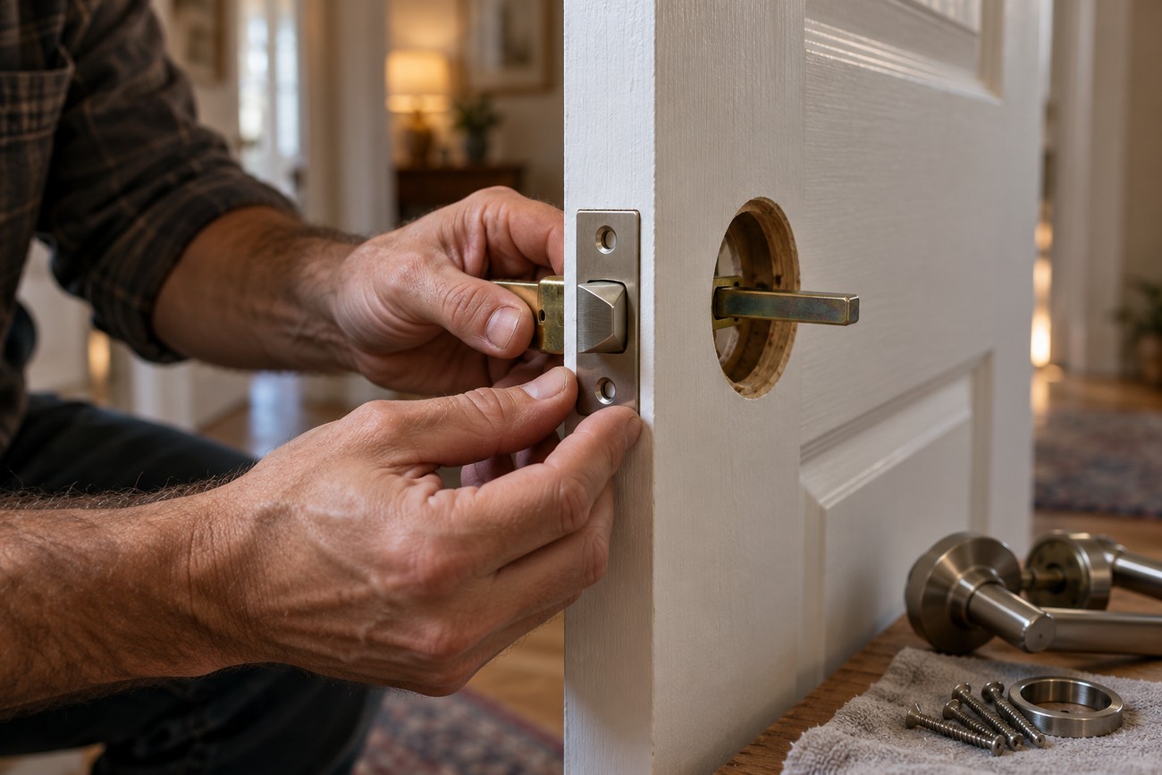 A man installing a metal door latch into the edge of a white wooden door