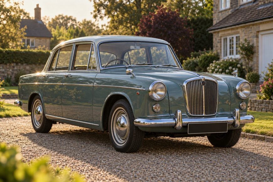 A vintage green Singer Gazelle sedan parked on a gravel driveway outside a stone cottage