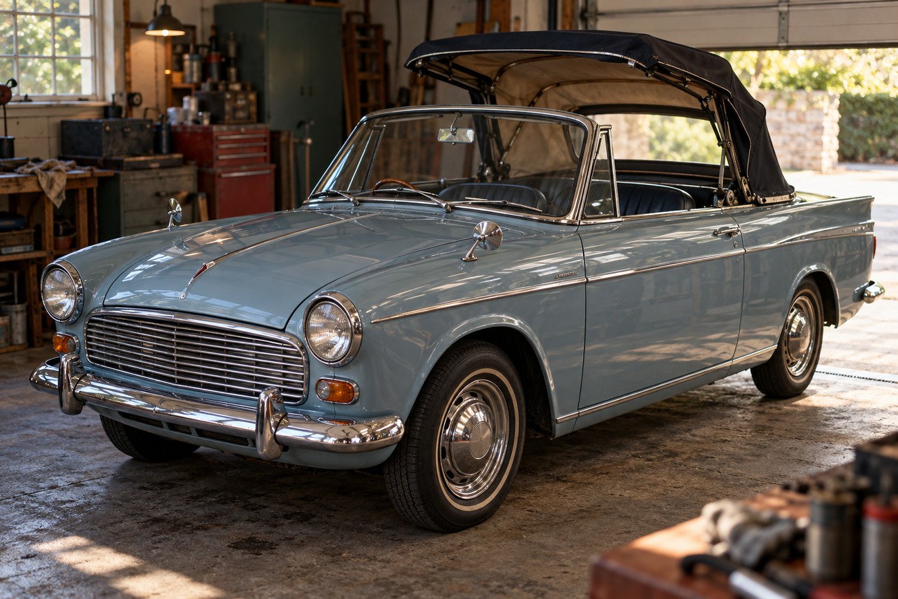 A classic light blue Singer Gazelle convertible with its top down parked inside a vintage garage workshop
